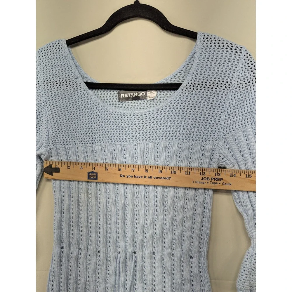 Retango Knit Sweater Blue Medium Drawstring Tie Bell Sleeve Cropped‎ Cotton